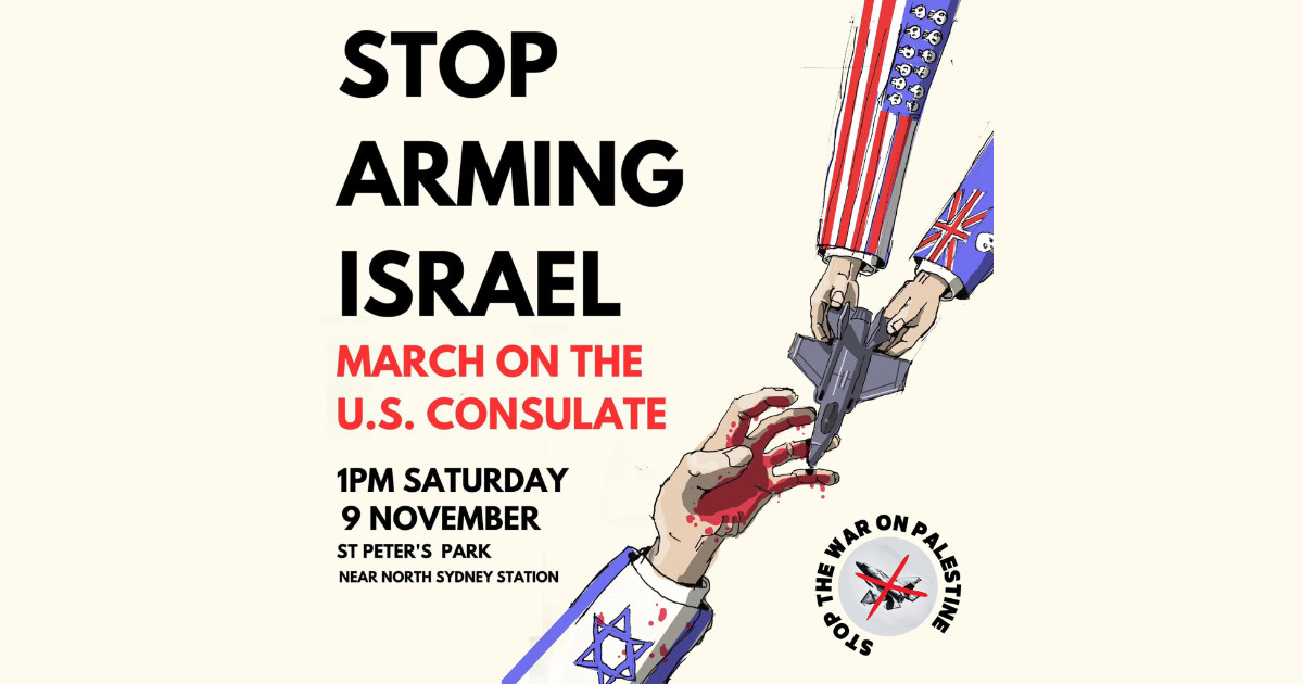 An illustration of hands with US and Australian flags as sleeves, passing a toy fighter jet to a bloody hand with the Israel flag on its sleeve.