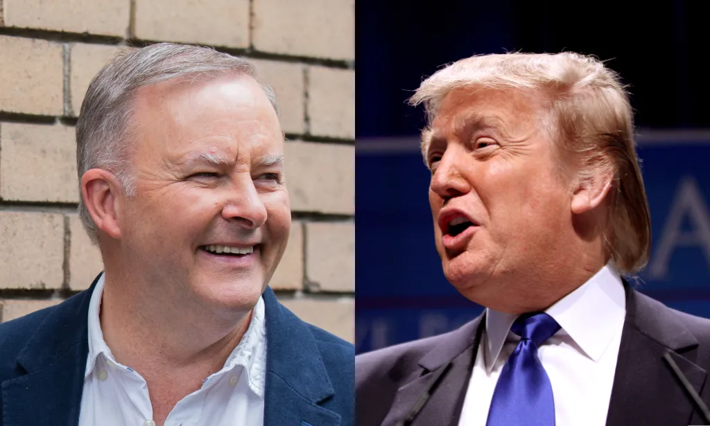 Portraits of Anthony Albanese and Donald Trump displayed side-by-side