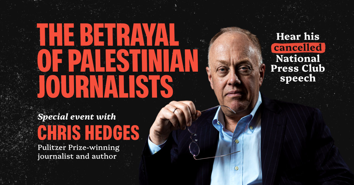 Image of Chris Hedges with event title and details 