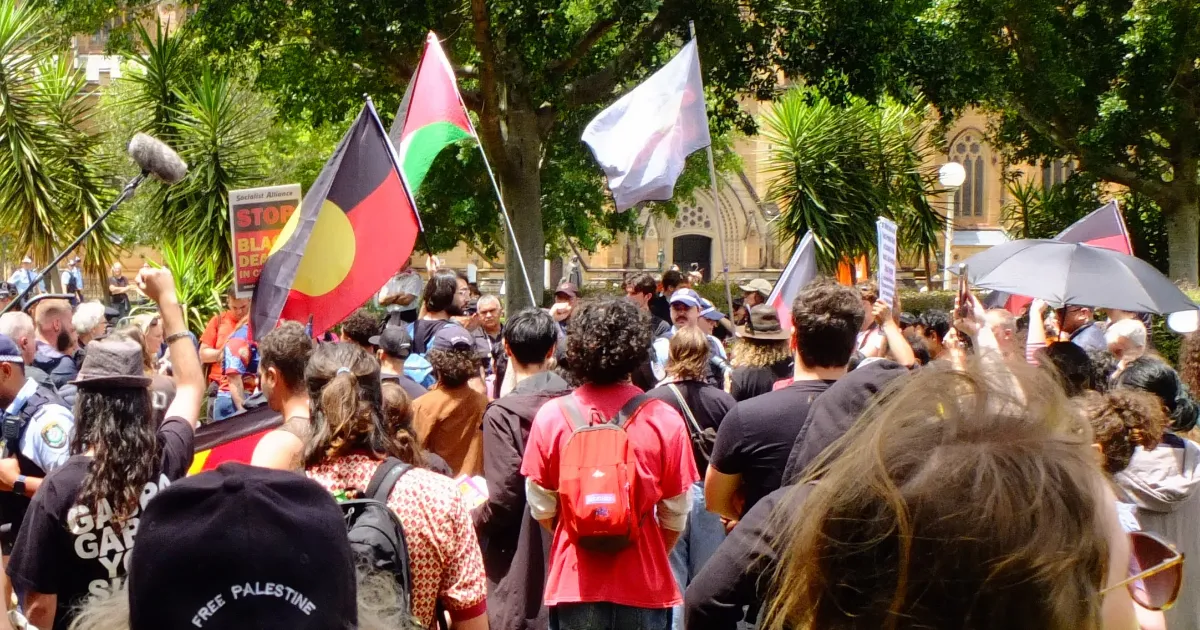 A crowd gathers in Hyde Park to protest the increasing First Nations deaths in custody, and to mark ten years since David Dungay Jnr's callow murder in Long Bay jail.