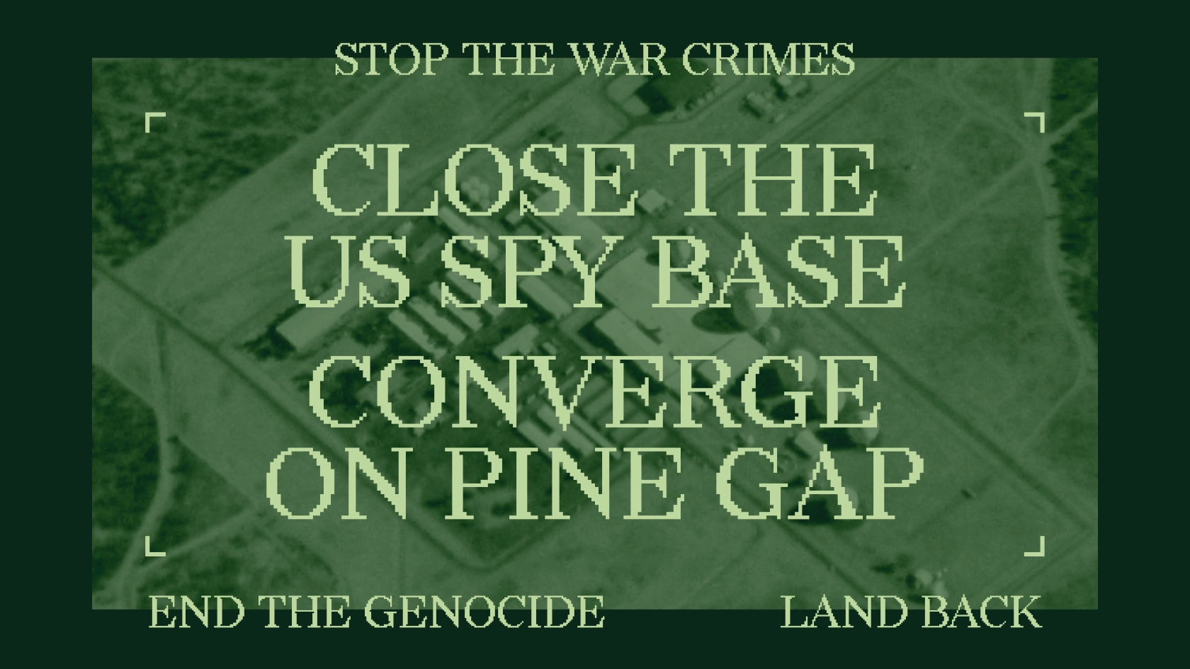 Aerial photo of Pine Gap base overlaid with page title and sub headline.